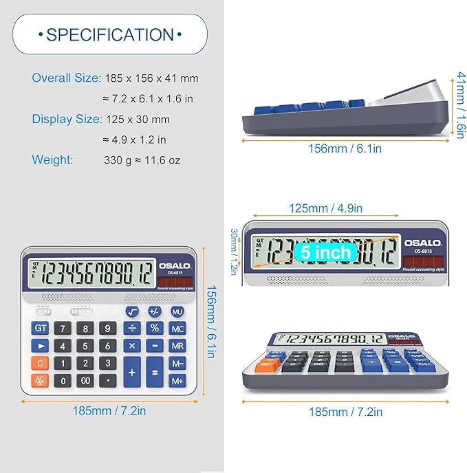 Desktop Calculator Extra Large 5-Inch LCD Display 12-Digit Big Number Accounting Calculator with Giant Response Button, Battery & Solar Powered, Perfect for Office Business Home Daily Use(OS-6815)
