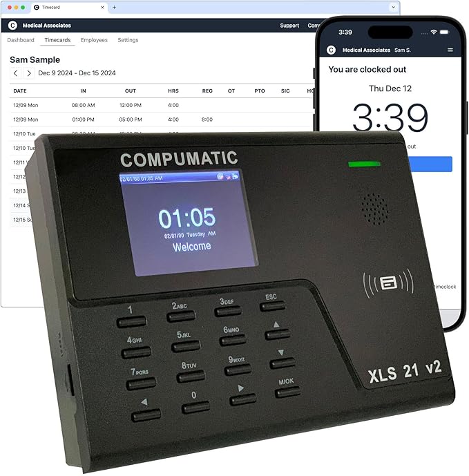 COMPUMATIC PIN Entry and RFID Time Clock with Online Cloud Hosted Software, Automatic Real-Time Punch Upload with WiFi or Wired Ethernet Connection