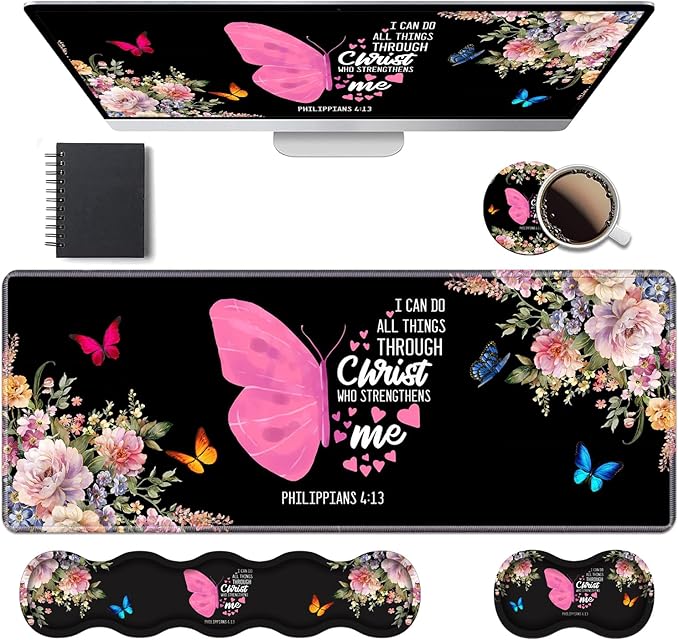 Ergonomic Keyboard Wrist Rest & Mouse Pad Wrist Rest Set, 31.5"x 11.8" Large XXL Gaming Desk Pad Memory Foam Non-Slip Desk Mat for Office & Home, Floral Butterfly Quote Bible Verse Philippians 4-13
