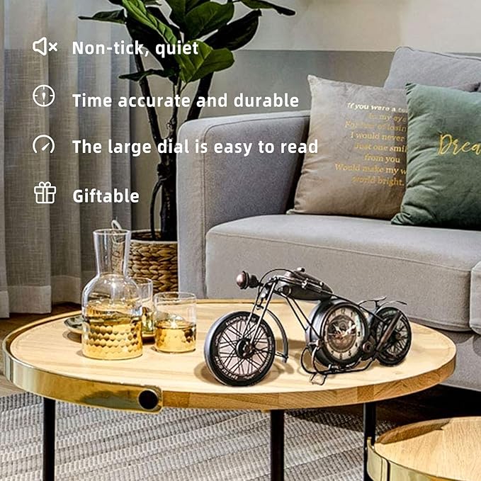 YOUKI Metal Motorcycle Art Wall Decor Desk Shelf Clocks Non Ticking Battery Operated Home Decorative Gift Idea,Wall Decorations for Bedroom Office 16.6 x 1.5X 7.9 Inches,Bronze