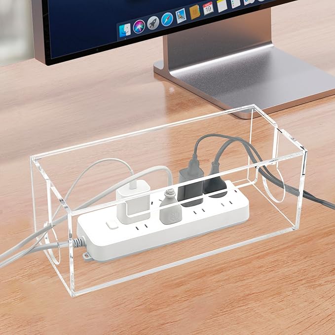 Cable Management Box, 2 Open Slots Cords Hider Box, Under Desk Power Strip Organizer and Floor Cables Storage, Clear