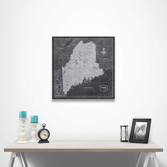 Push Pin Maine Map Board - With Push Pins to Mark Maine Travel - Handmade in Ohio, USA - Design: Modern Slate