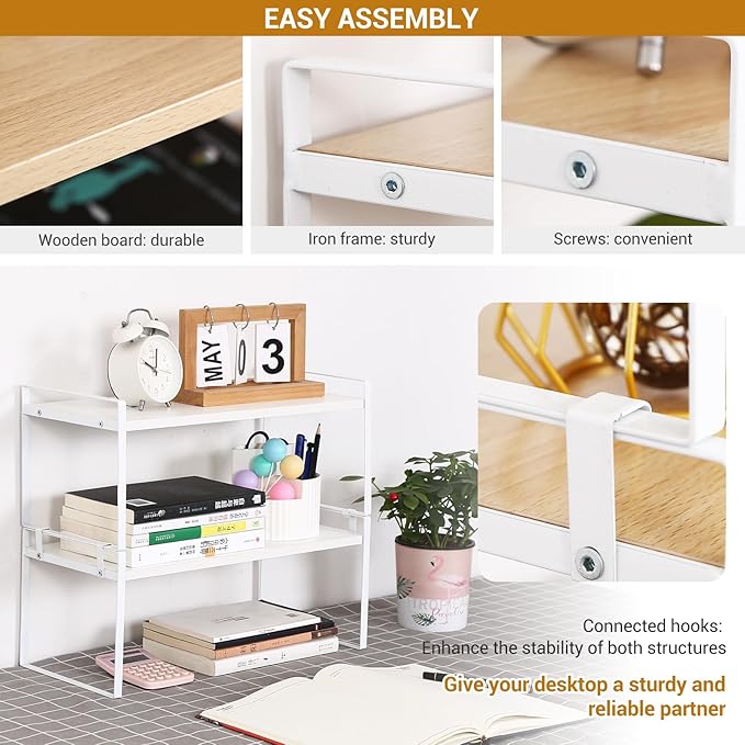 YGYQZ Wood Office Desk Shelf Organizer - Desktop Supplies Cute Dresser Top Organization Storage Rack and Cubicle Decor Aesthetic Bookshelf for Women Man and Kids (White White-Two Tier)
