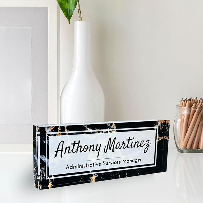 Customized Clear Acrylic Thick 8x3" Desk Name Plate Block with Personalized Logo - Professional Office Decor - Customized Acrylic Plate Gift for Teacher Co-workers, Christmas Gifts for Her, Thanksgiving Gifts (Black Marble)