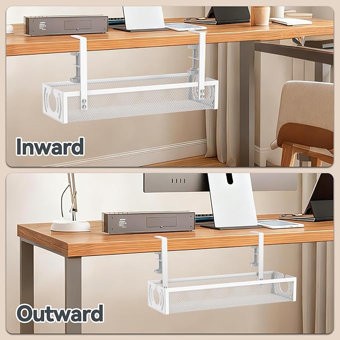 Cable Management, 15'' Under Desk Cable Management Tray No Drill, Metal Cable Organizer with Clamp for Wire Management, Cord Organizer for Home Office, Desk Accessories Organizer, White