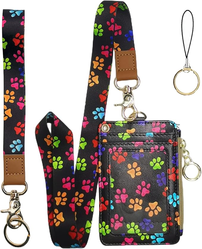 Bolimoss Cute Dog Paw Print ID Card Holder with Lanyard and Keychain for Women, School, Teacher, Nurse, Office Work