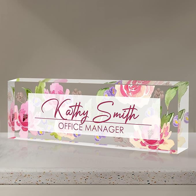 Personalized Name Plate for Desk, Custom Desk Name Plate, Acrylic Name Plate Office Desk Accessories, Personalized Office Gifts for Coworkers Teachers, Employee Appreciation Gifts (A-Watercolor)