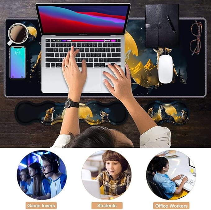 Ergonomic Keyboard Wrist Rest & Mouse Pad Wrist Rest Set, Large XXL Gaming Desk Mat 31.5"x 11.8" with Memory Foam, Easy Typing Pain Relief for Office & Home, Wolf Howling Under The Moon