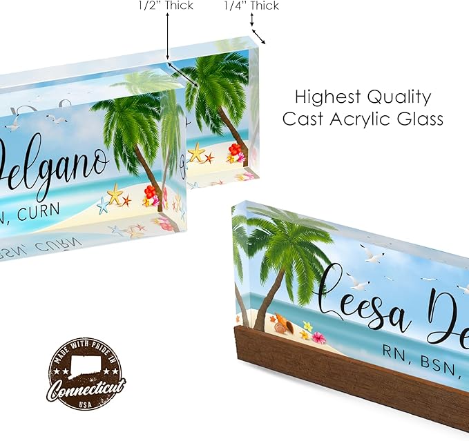 Artblox Personalized Office Desk Name Plate and Business Card Holder | Clear Acrylic Glass with Teak Wood Stand | Sand Beach Design Customized with Your Name and Credentials Office Desk Decor