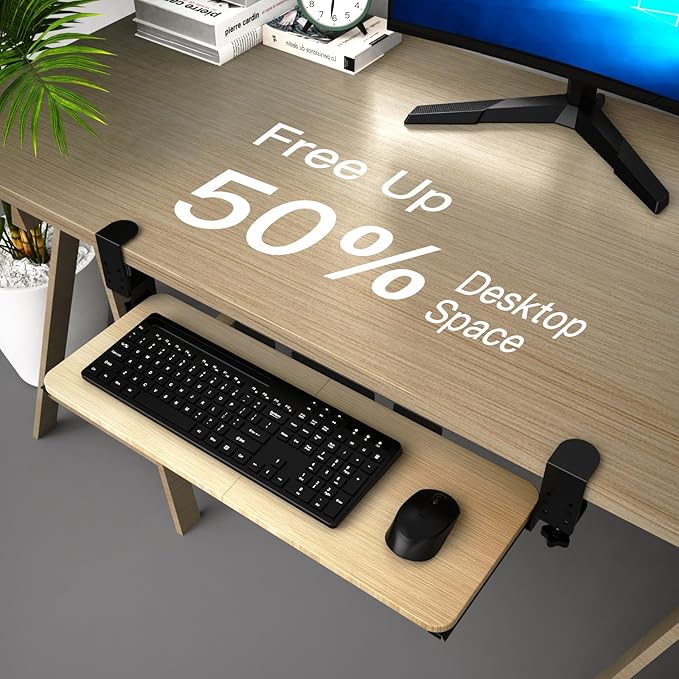 Large Keyboard Tray Under Desk Pull Out with Adjustable C-Clamp, Ergonomic Slide-Out Computer Keyboard and Mouse Platform Drawer for Office and Home Typing (Light Wood)