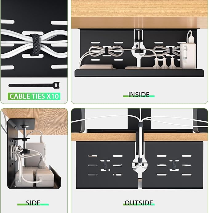 KEEGH 16'' Under Desk Cable Management Tray, Drill Free Clamp/Screws Mount, Sturdy Metal Cable Tray for Place Power Strip, Cord Management Tray Rack, Home, Office, Black