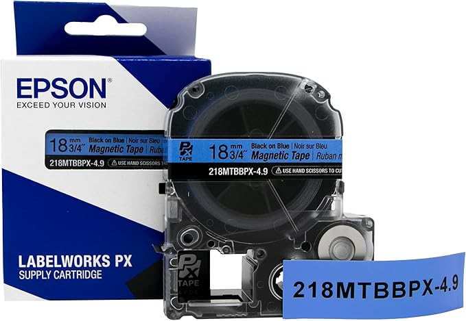 Epson LABELWORKS 218MTBBPX-4.9 Genuine Magnetic Tape Cartridge - Black on Blue Magnet Label Maker Tape - 3/4" (18MM) Wide, 4.9 ft, Blue