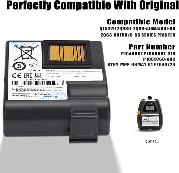 for Zebra QLN420 ZQ630 Battery,Compatible for Zebra Label Printer QLN420 ZQ630 ZQ630 Plus,ZQ63-AUWA000-00 ZQ63-ACFAC10-00,P1040687 P1050667-016 P1089760-002 BTRY-MPP-68MA1-01, Li-Ion 4900mAh.