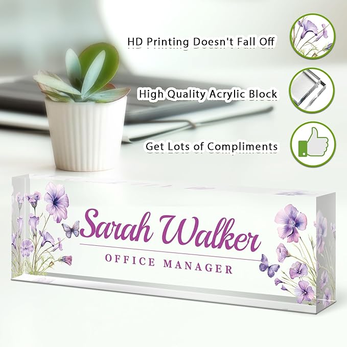 Name Plate for Desk, Desk Name Plate Personalized, Office Decor for Women Men, Acrylic Desktop Accessories, Office Appreciation Gifts for Boss Social Workers Nurse Teacher Employee (Purple)