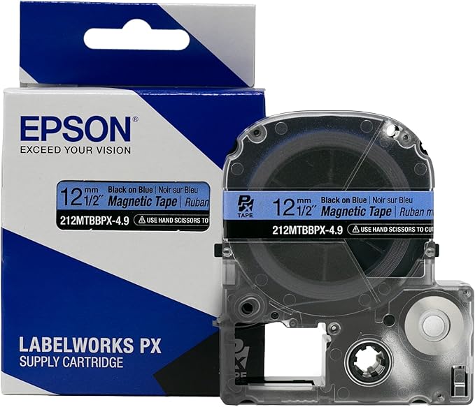 Epson LABELWORKS 212MTBBPX-4.9 Genuine Magnetic Tape Cartridge - Black on Blue Magnet Label Maker Tape - 1/2" (12MM) Wide, 4.9 ft, Blue