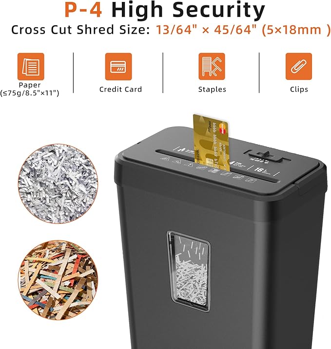8-Sheet Cross Cut Paper Shredder P-4 Security with 4.2 Gal Bin & Portable Handle, Credit Card/Staple/Clip Shredder for Home Office Use