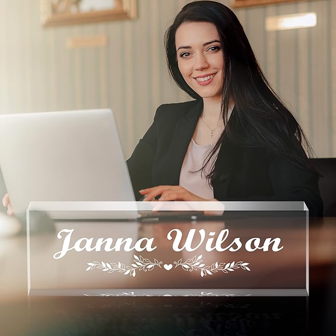 Personalized Desk Name Plate, Custom Acrylic Glass Name Plates for Desks, Office Desk Decor Nameplate, Desk Accessories, Teacher Boss Coworkers Employee Appreciation Gift (Engraved Flower 1)