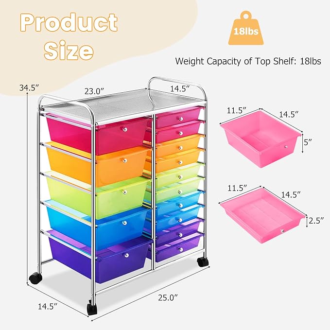 ARLIME 15-Drawer Storage Cart, 15 Drawer Trolley, Rolling Organizer Cart, Scrapbook Paper Organizer, Suitable for Office and School, Rainbow Rolling Office Storage Tools