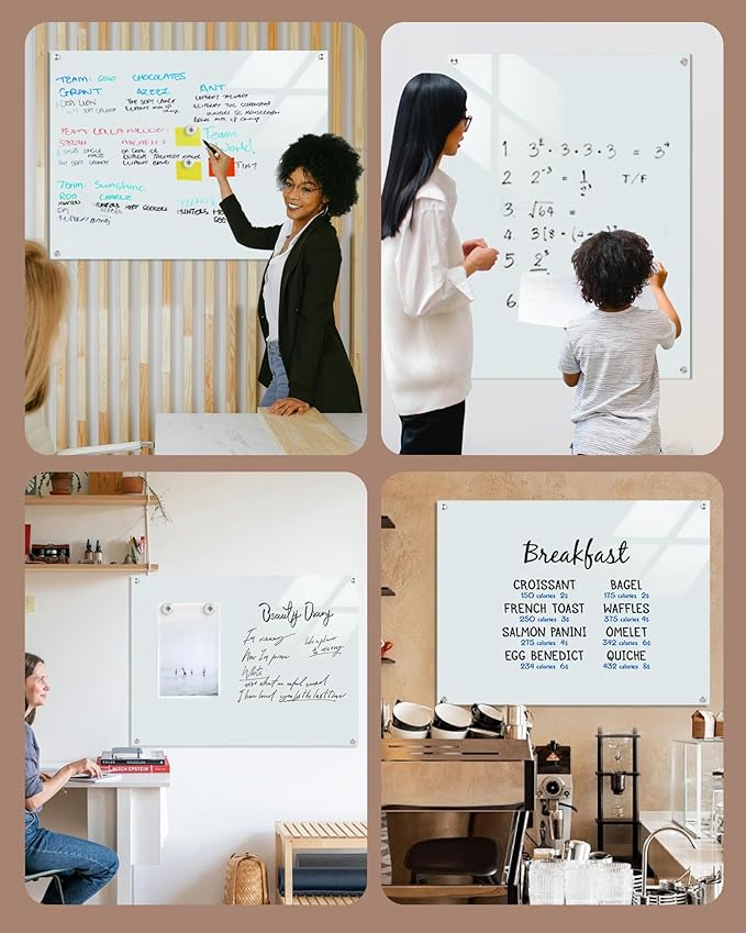Mifuro Magnetic Glass Whiteboard，48"x36" Wall Mounted Frameless Dry Erase Board for Office, Home & School White