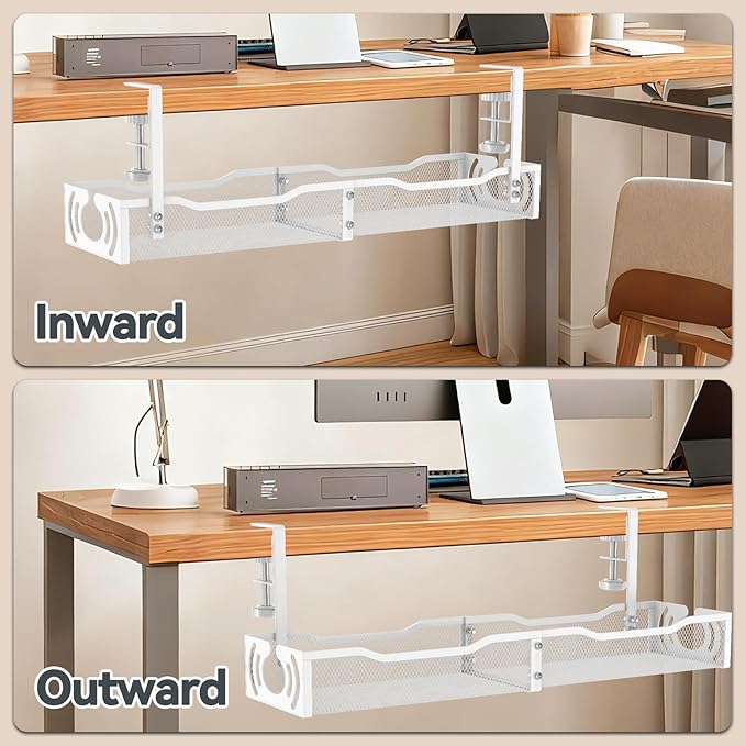 Cable Management, 25.3'' Under Desk Cable Management Tray No Drill, Metal Cable Organizer with Clamp for Wire Management, Cord Organizer for Home Office, Desk Accessories Organizer, White