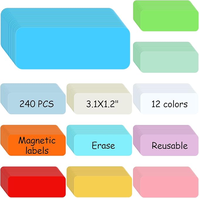 Ctosree 240 Pcs Dry Erase Magnetic Labels 3.2'' x 1.2" Reusable Magnetic Name Tags Blank Name Magnets Colorful Tag Stickers Strips for Whiteboard Locker School Office(Bright Color)