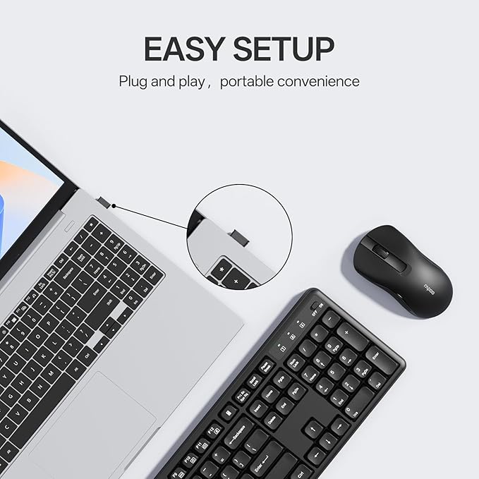 Rapoo X2100 Quiet Wireless Keyboard and Mouse Combo, 2.4GHz USB Receiver, 12 Multimedia Keys, Spill-Proof, Full-Sized, Compatible with PC, Laptop, Black