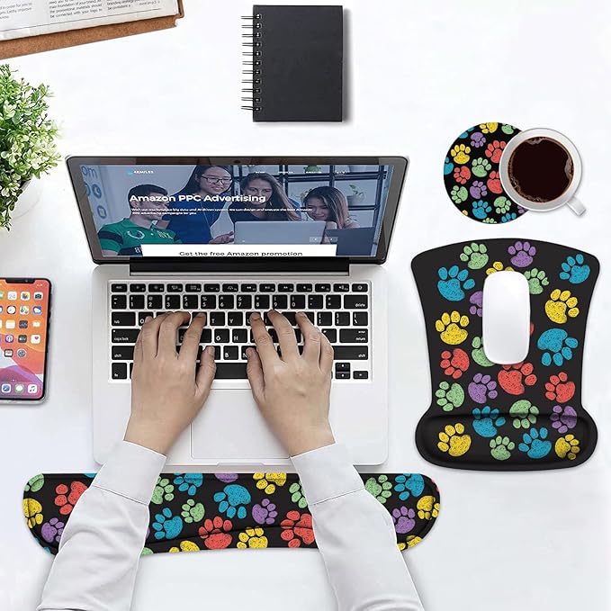 Keyboard Wrist Rest and Mouse Pad Wrist Support Set with Coasters, Non-Slip PU Base Ergonomic Gaming Mousepad for Computer Laptop Home Office Easy Typing & Pain Relief, Colorful Dog Paw Print