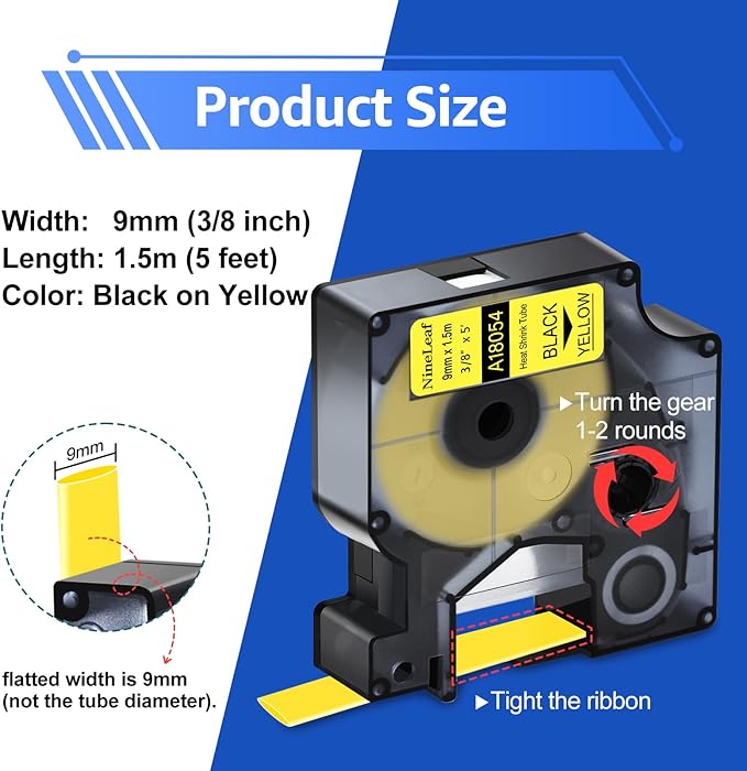 NineLeaf 10 Pack Compatible for Dymo 18054 Black on Yellow Heat Shrink Tube Labels 9mm 3/8'' Industrial Label Tapes for Wires and Cables for Rhino 4200 5200 5000 6000 3M Label Maker