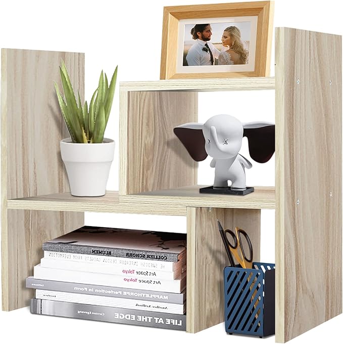 TY ARTS & CULTURE - Expandable Wood Desktop Storage Organizer Multipurpose Desk Bookshelf Display Shelf Rack Counter Top Bookcase for Office Home | Natural Beige