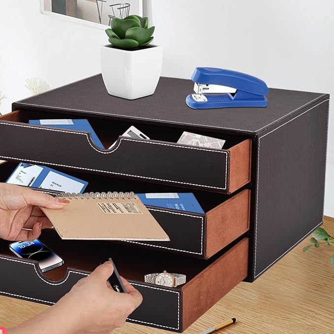 PU Leather Desk Organizer with 3 Drawers,Executive Office Supplies Desktop Filing A4 File Cabinet/Holder for Jewelry/Bill/Paper/Documents/Makeup Home Decor Stationery Storage Box,Brown