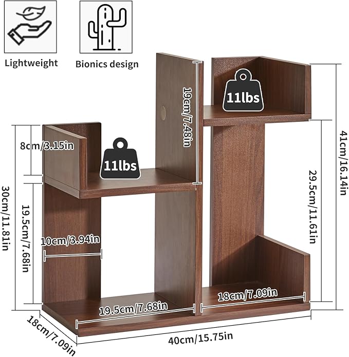 Small Bookshelf - Unique Cactus Design, Kitchen Counter Shelf, Light Walnut Wood, YD-DSR002LW