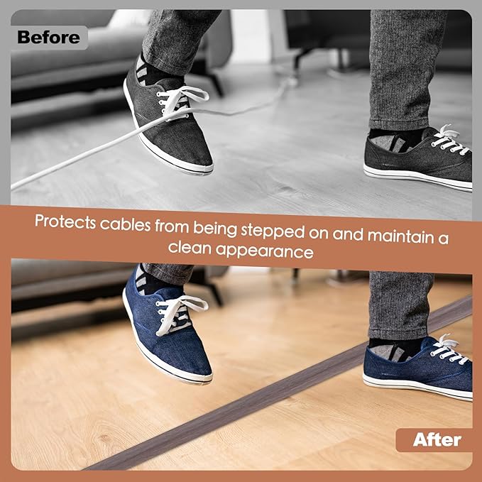 Floor Cord Cover for Wires on Floor Self Adhesive Cord Hider Floor Cable Management Wire Covers for Cords Protector Prevent Cable Trips Cord Cavity W 0.59" x H 0.31", Grayish Brown Wood, 10Ft