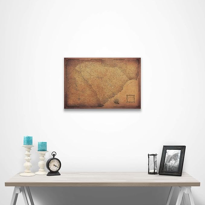 Conquest Maps Push Pin South Carolina Map Board - With Push Pins to Mark South Carolina Travels - Handmade in Ohio, USA - Design: Golden Aged