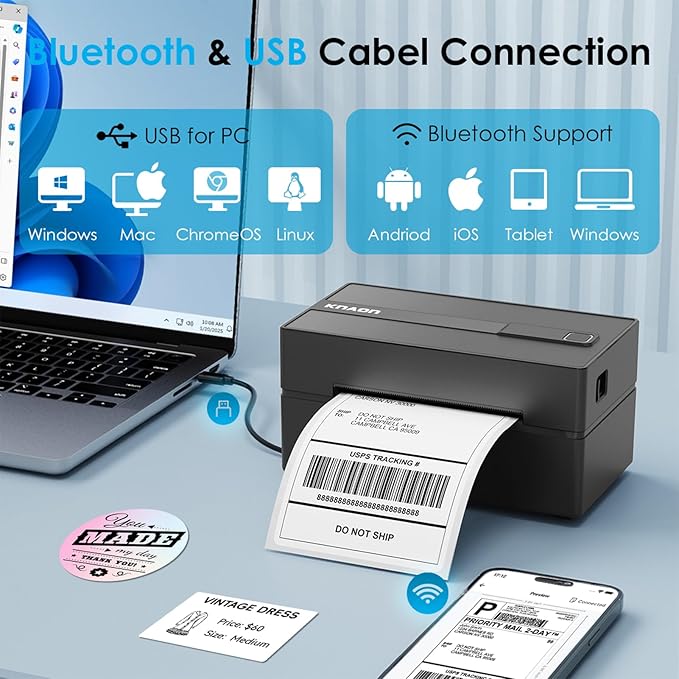 Bluetooth Thermal Shipping Label Printer, 4x6 Portable Thermal Address Label Printer for Small Business, Compatible with iPhone,Android,Windows,Mac,–Works with Ebay Shopify USPS&More, Black