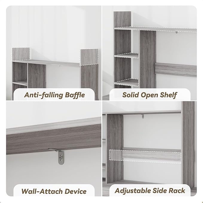 Desktop Bookshelf, Wooden Desk Hutch for Computer Monitor Up to 27'' with 3 Open Storage Shelves, Large 4-Tier Desk Organizer for Dorm Office Home, Wash Grey