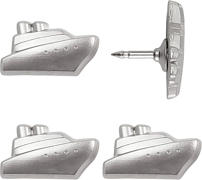 Cruise Ship Push Pins - Silver Metal Cruise Ship Pins - for Cork Board, Maps, or Lapel Pin Use - Designed in USA - Set of 4