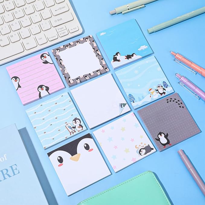 9 Pads Penguin Sticky Notes 3x3 Inch Cute Self Stick Notepads Notes Adhesive Memo Pad Office Decor Gifts for Students School Teacher Meeting Office Supplies