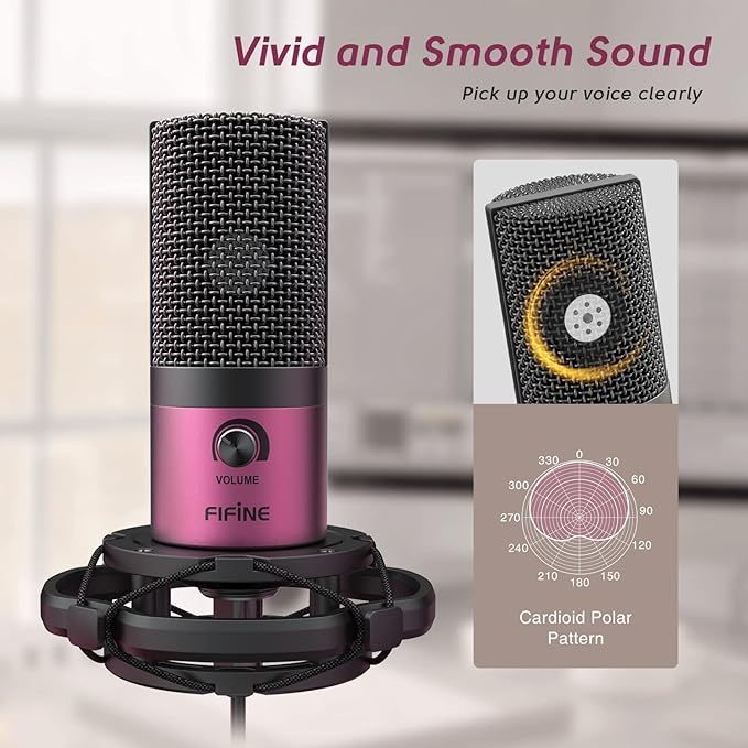 FIFINE Podcast Microphone Kit-USB PC Computer Recording Microphone, Condenser Mic Set for Streaming, Gaming, Voice-Over, Meeting, with Arm Stand, Shock Mount, Pop Filter-T669 Rose Red