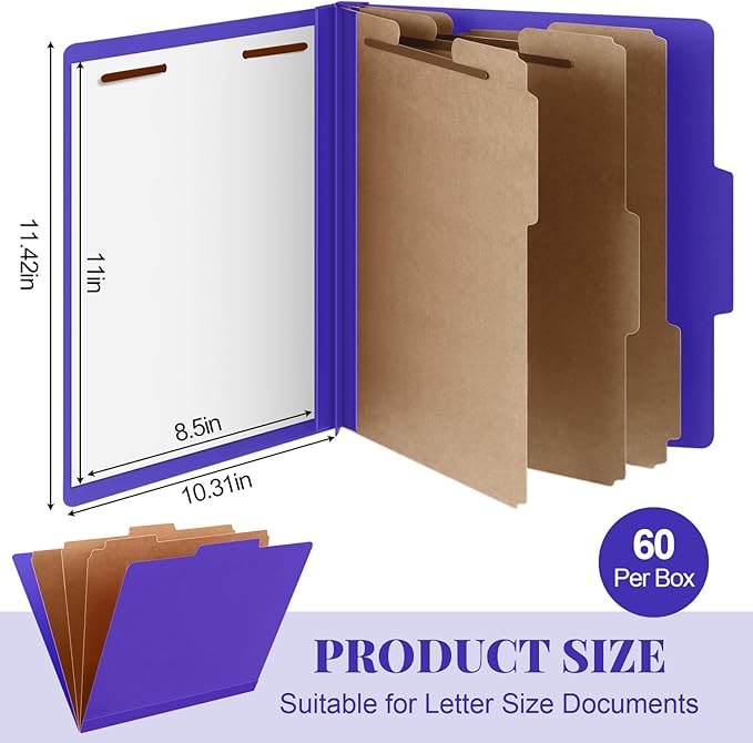 Skyygemm 60 Pcs Classification Folders Letter Size, 3 Divider Pressboard File Folder with Fasteners, Expanding File Organizer Bulk for Teachers, Clergy, Office, Church, Christmas Donations (Purple)