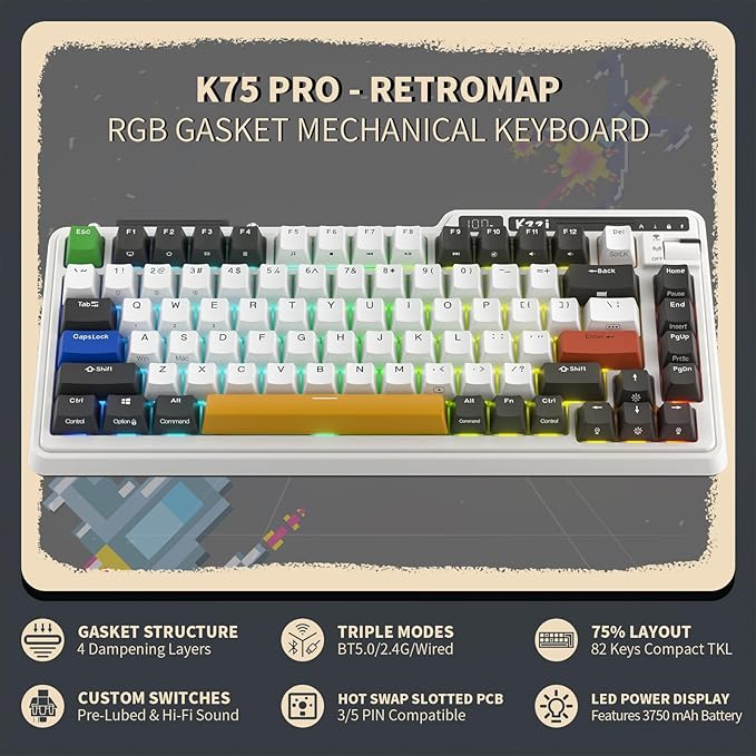 KZZI K75 PRO RGB 75% Wireless Gasket Mechanical Keyboard, Triple Mode BT 5.0/2.4G/USB-C 82 Keys Hot Swappable Gaming Keyboard w/Knob & Power Display, Custom Linear Switches, Black White
