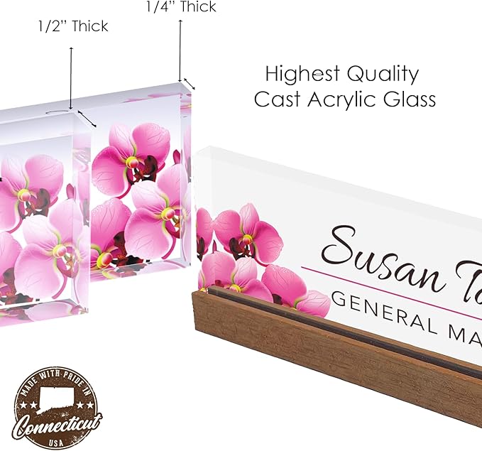 Artblox Office Personalized Name Plate for Desk with Business Card Holder On Clear Acrylic Glass Orchids Flowers Design Custom Desk Name Plate with Your Name and Credentials Customized Gift