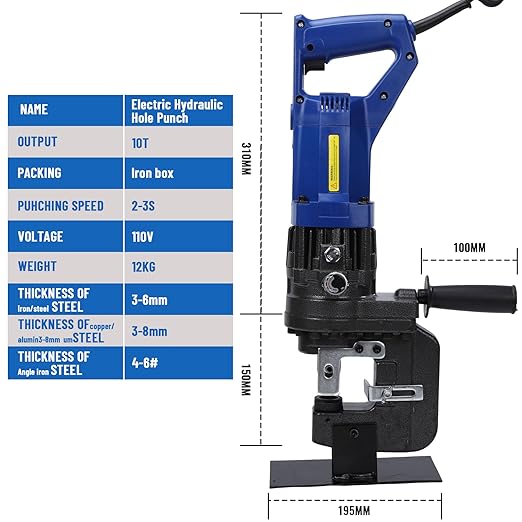 1200W Electric Hydraulic Hole Punch 110V Electric Hydraulic Punching Tool 10T Output Force Hole Puncher for Metal Steel Plate Iron Plate Aluminum Plate