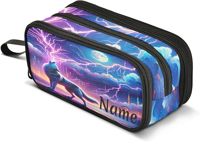 Custom Wolf Howling Moon Lightning Pencil Case Box Boys Girls Personalized Name Large Pencil Pouch Stationery Pen Bag Organizer for Kids Adults School Office