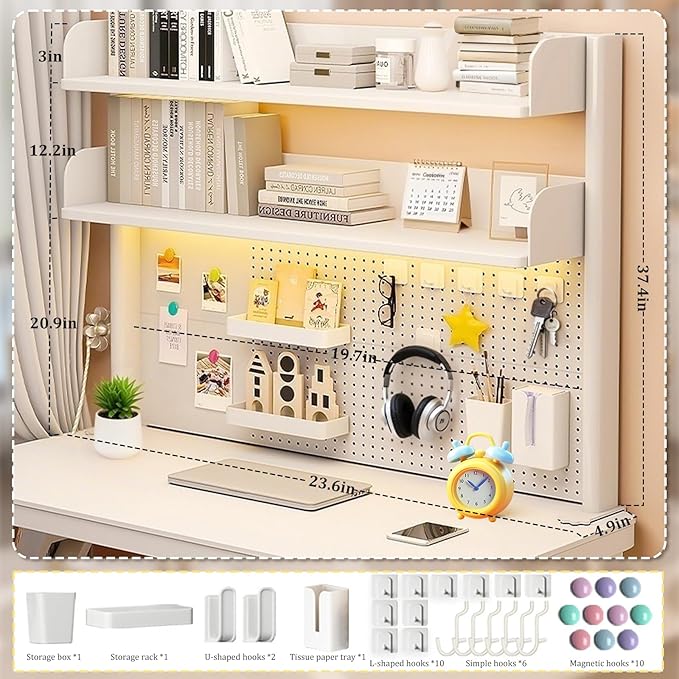 Clamp On Desk Shelf Desktop Hutch Bookshelf Desk Organizer Storage Shelves with Pegboard DIY Display Stand Adjustable Space-Saving Suitable for Dormitories,Studies,Offices,Workbenches