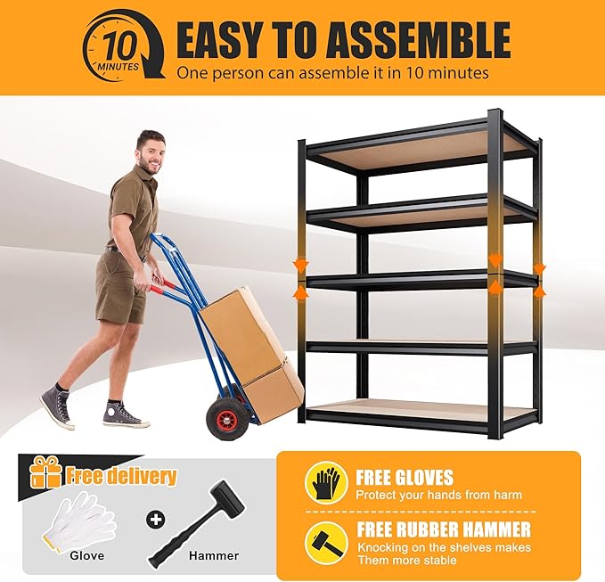 71"H Garage Shelving, 5-Tier Heavy Duty Storage Shelves, Adjustable Metal Shelving Unit, Utility Garage Organizer Shelf for Basement, Pantry, Warehouse, supermarket,15.7"Dx35.4"Wx71.2"H Black