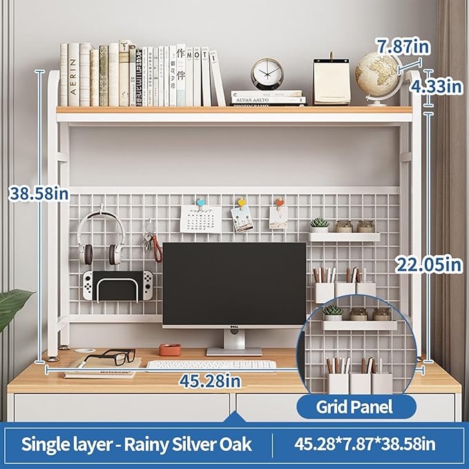 Desk Shelf Bookcase 1-Tier Metal Desktop Bookshelf Hutch with Grid Panel and DIY design possible Multipurpose Storage Organizer Display Rack for Dorm Office Home Computer Desk(White 45.3"×7.9"×38.6")