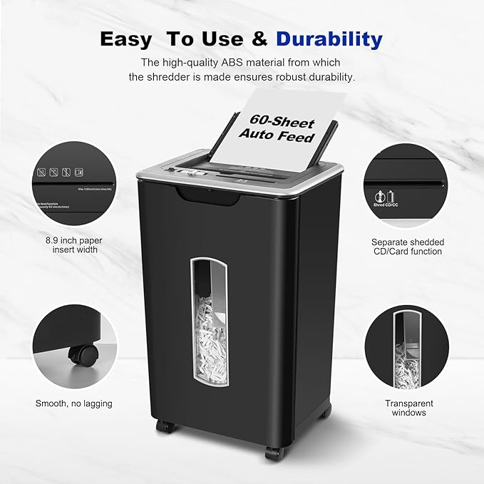 Paper Shredder for Home Office, 60 Sheets Auto Feed, 55dB Super Quiet, P-4 Cross Cut, 2.4m/min High-Speed Shredding, 5.8 Gallon Bin, CD/Credit Card Shredder with Anti-Jam & Dual Modes