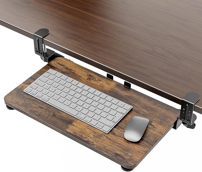 Small Keyboard Tray Under Desk, Pull Out Keyboard & Mouse Tray with Adjustable C-clamp, 20(25.9 Including Clamps) x 11.8 Inch Slide Out Computer Keyboard Drawer Mouse Tray for Typing, Brown