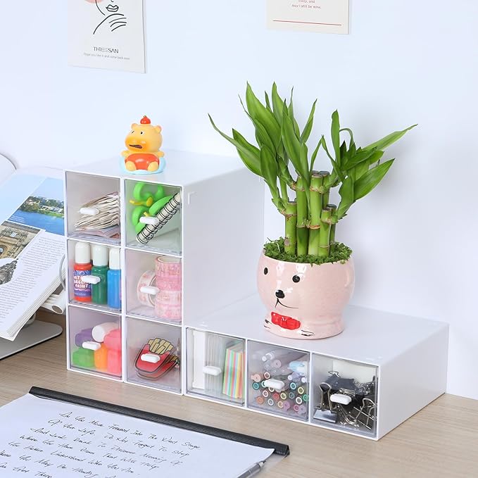 Desktop Drawers, Desk Organizer with 9 Drawers, Stackable Plastic Storage Box for Home Collection, Cosmetics, Office Supplies (3 Tall Layers, White)
