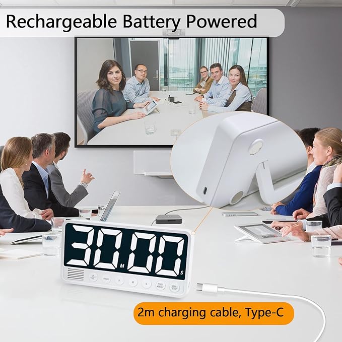 Digital Kitchen Timer with 7.1” Extra Large Display, Rechargeable Magnetic LED Countdown/Up Memory Timer with 6 Alarms & 4 Volume Levels for Cooking, Classroom, Office, Home Gym (White)